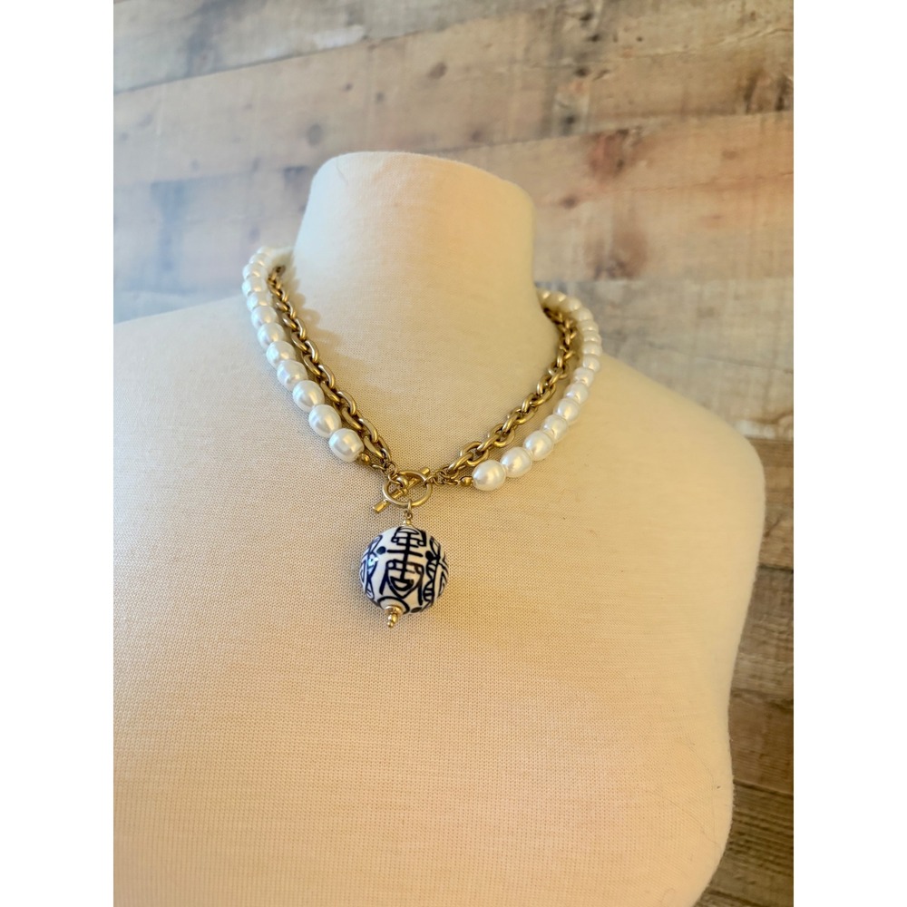 Chinoiserie Blue White‎ Ceramic Bead Faux Pearl Gold Chunky Chain Necklace 20in